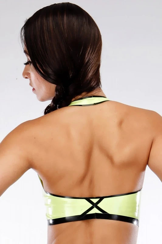 Latex Halter Bra Top with Cross-Strap Keyhole Front and Black Trim – Neon Yellow-Green