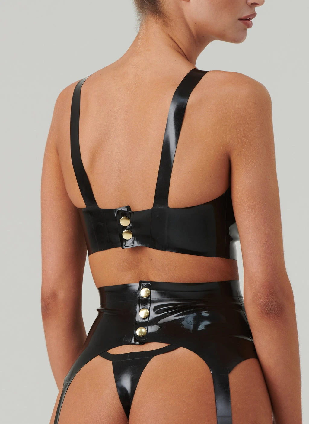 Latex Bra with Gold Hardware and Adjustable Straps – Black