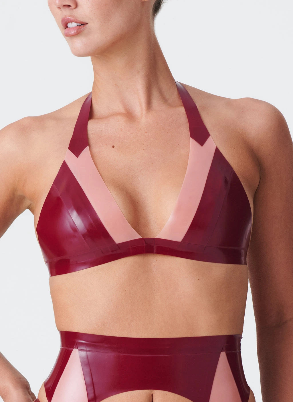 Deep V Halter Latex Bra — Burgundy & Pink Geometric