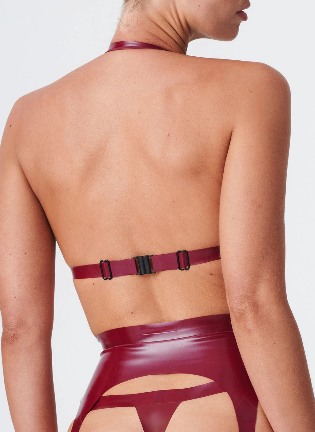 Deep V Halter Latex Bra — Burgundy & Pink Geometric