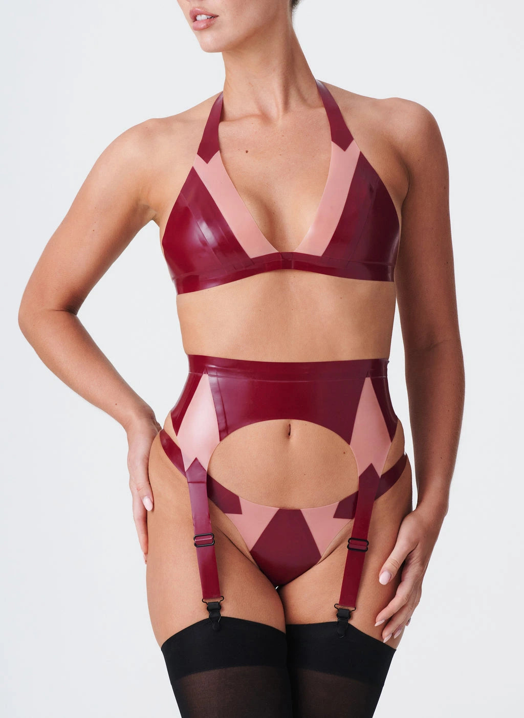Deep V Halter Latex Bra — Burgundy & Pink Geometric
