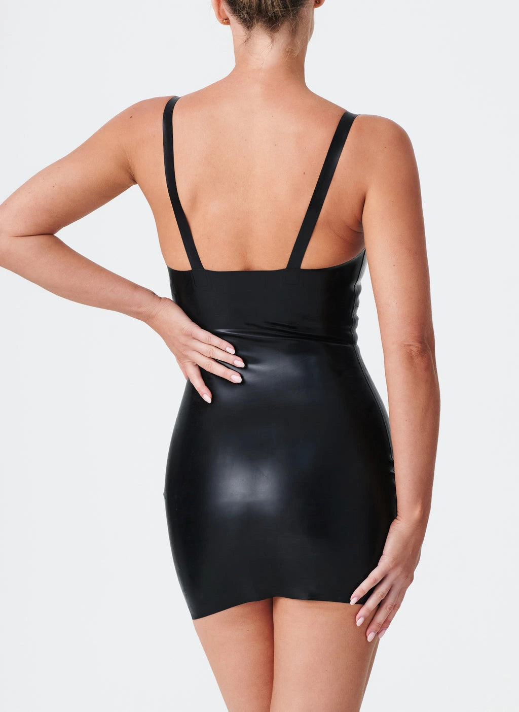 Instinct Latex Mini Dress with Gold Buckle Straps