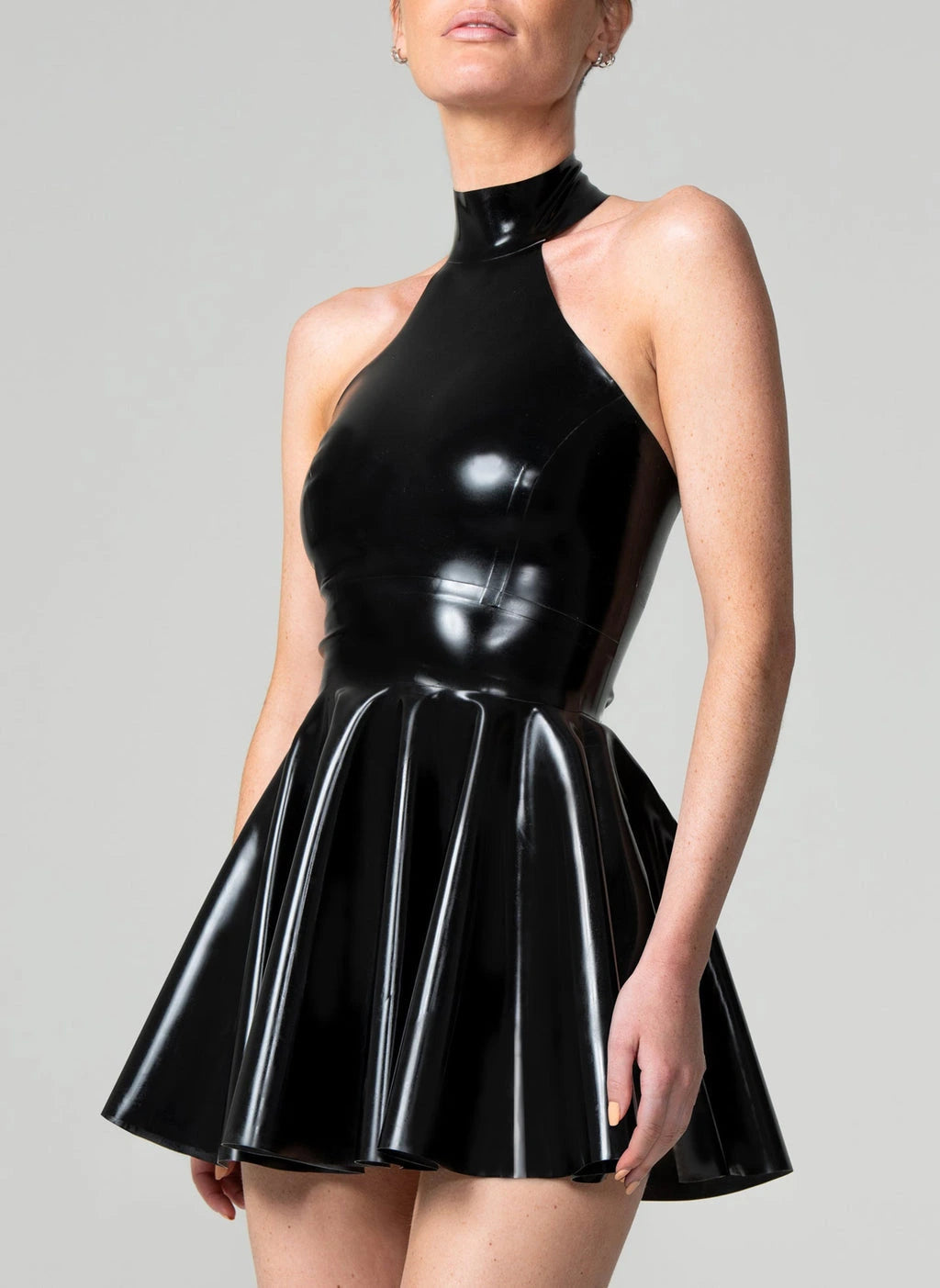 Piano Latex Halter Mini Dress with Flared Skirt