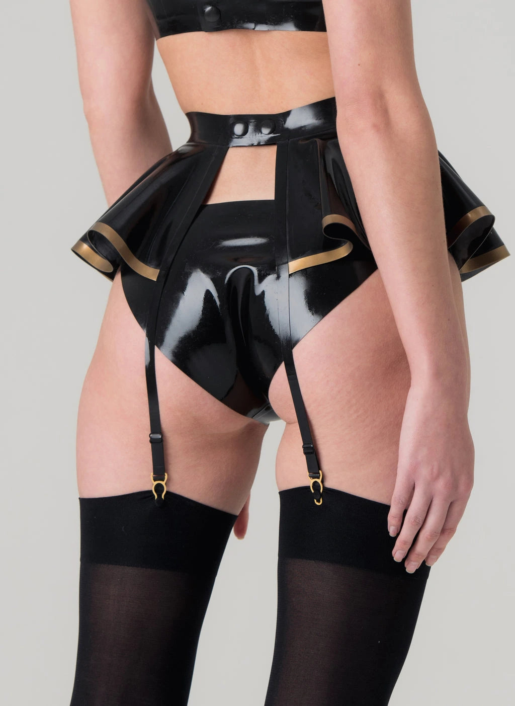 Godiva Latex Suspender Belt with Peplum Skirt & Gold Bow Detail