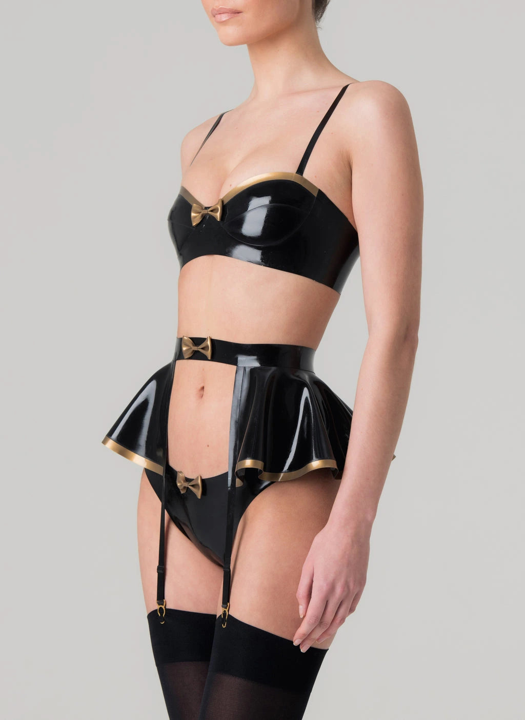 Godiva Latex Suspender Belt with Peplum Skirt & Gold Bow Detail